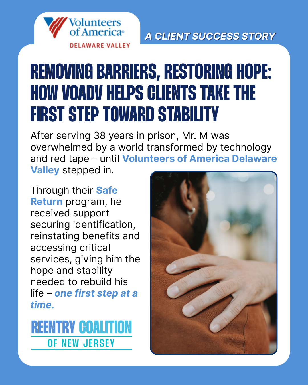 A promotional graphic for Volunteers of America Delaware Valley shows a headline about helping clients reintegrate after prison, includes text about their Safe Return program, and a photo of two hands clasped together in support.