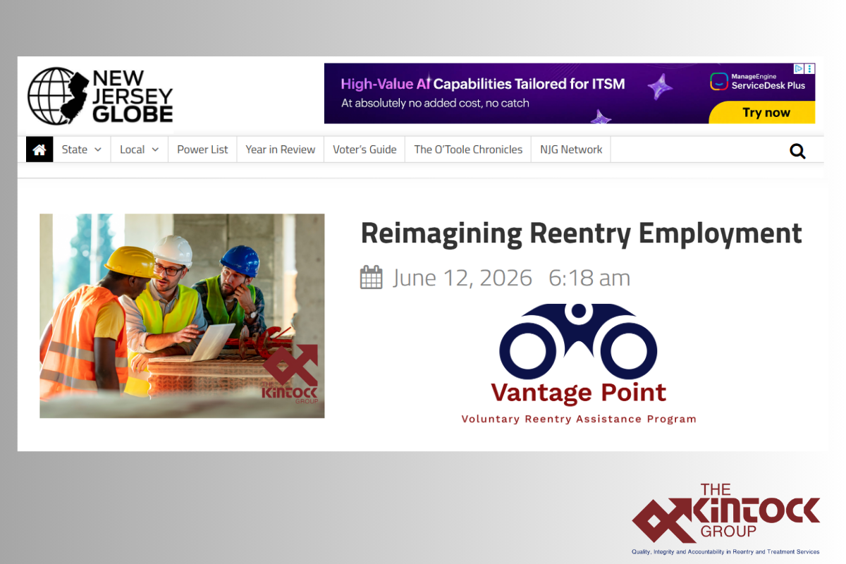 A website page features a “Reimagining Reentry Employment” article with a date of June 12, 2026. It shows construction workers, Vantage Point and Kintock Group logos, and website navigation.