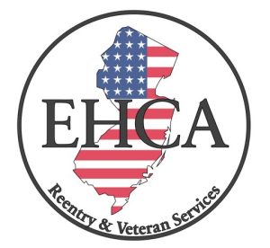 Logo showing New Jersey’s outline with a U.S. flag pattern, the letters “EHCA,” and the text “Reentry & Veteran Services” below, all within a circle.