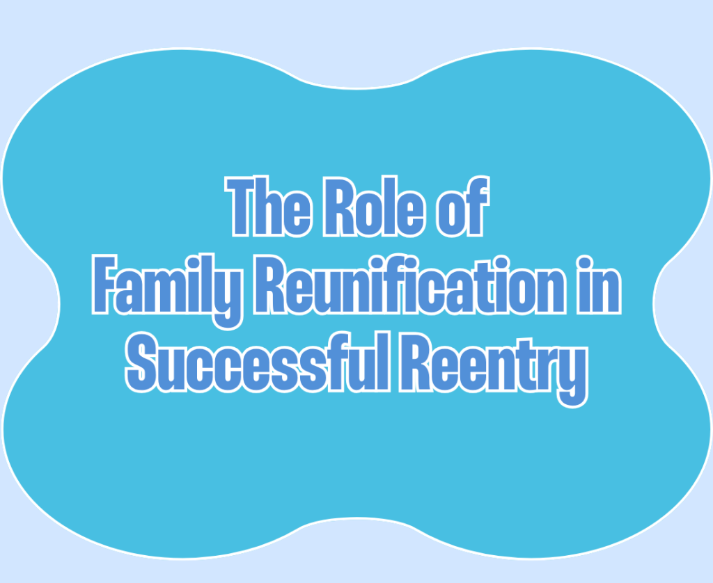 Blue cloud shape with the text The Role of Family Reunification in Successful Reentry in bold white font. Light blue background.