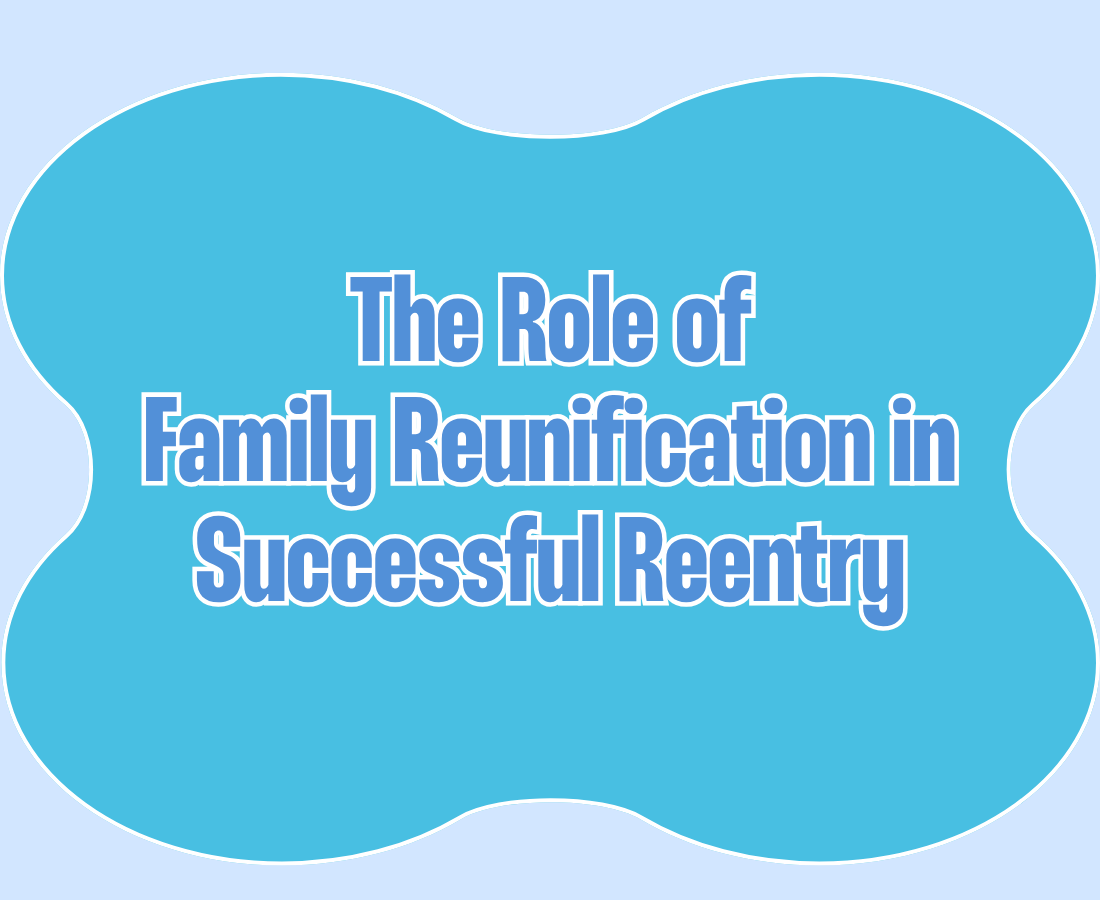 Blue cloud shape with the text The Role of Family Reunification in Successful Reentry in bold white font. Light blue background.