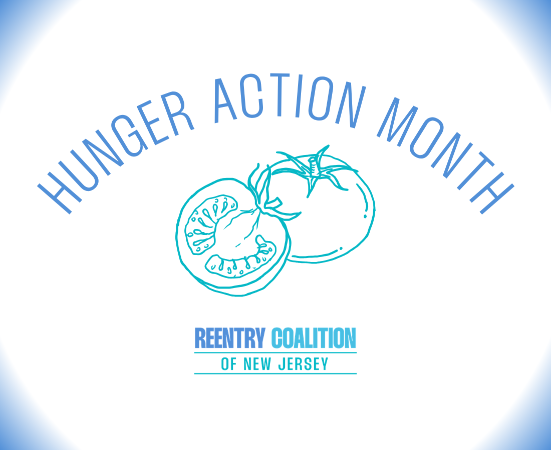 Blue outline drawing of a whole tomato and a tomato slice, with Hunger Action Month above and Reentry Coalition of New Jersey below in blue text.