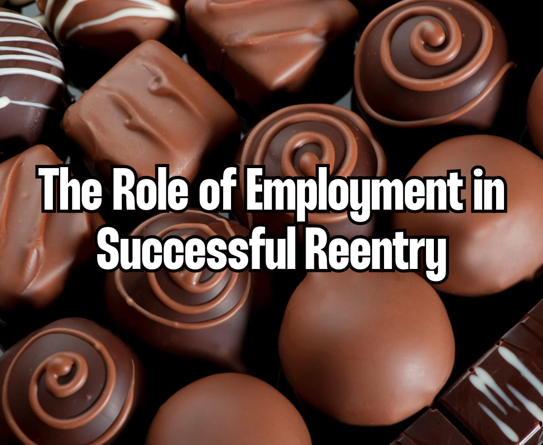 An assortment of various chocolate candies with the overlaid text: The Role of Employment in Successful Reentry.